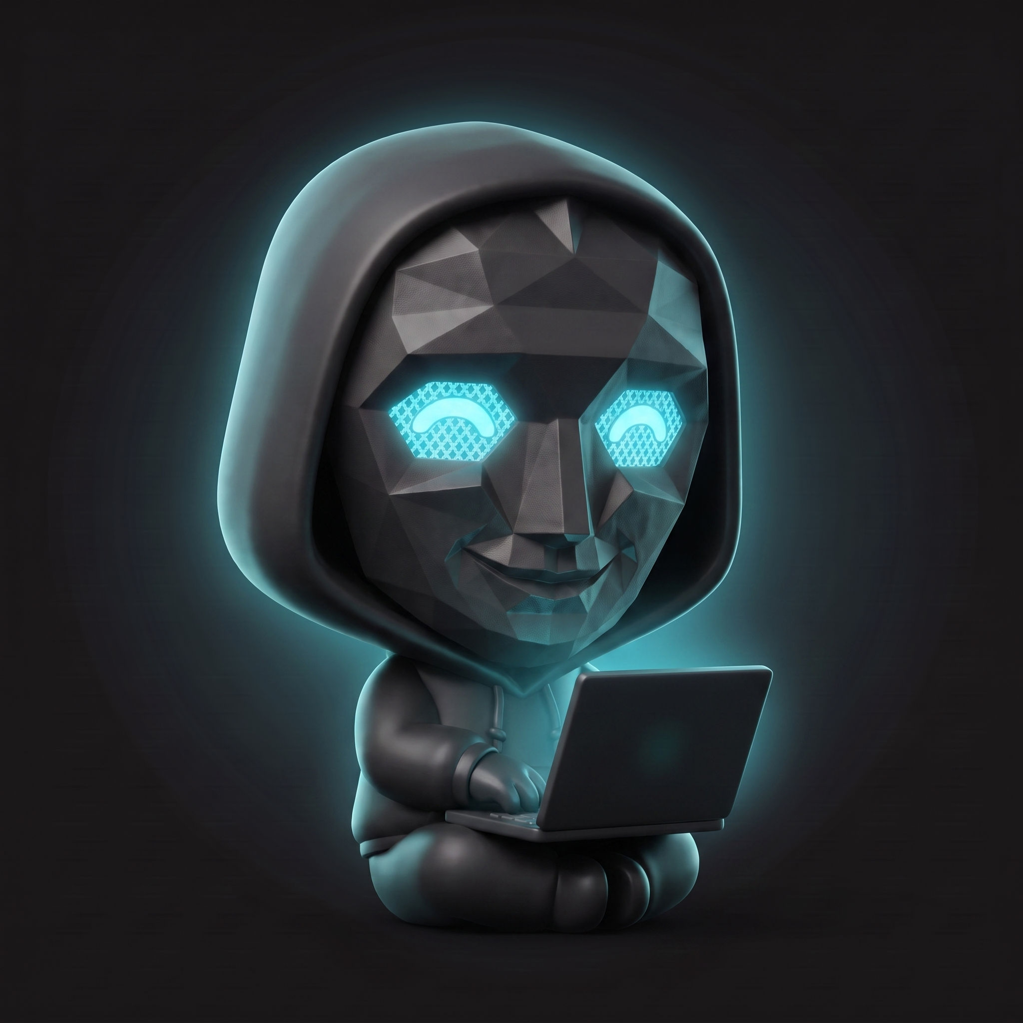 Masked mascot working on a laptop
