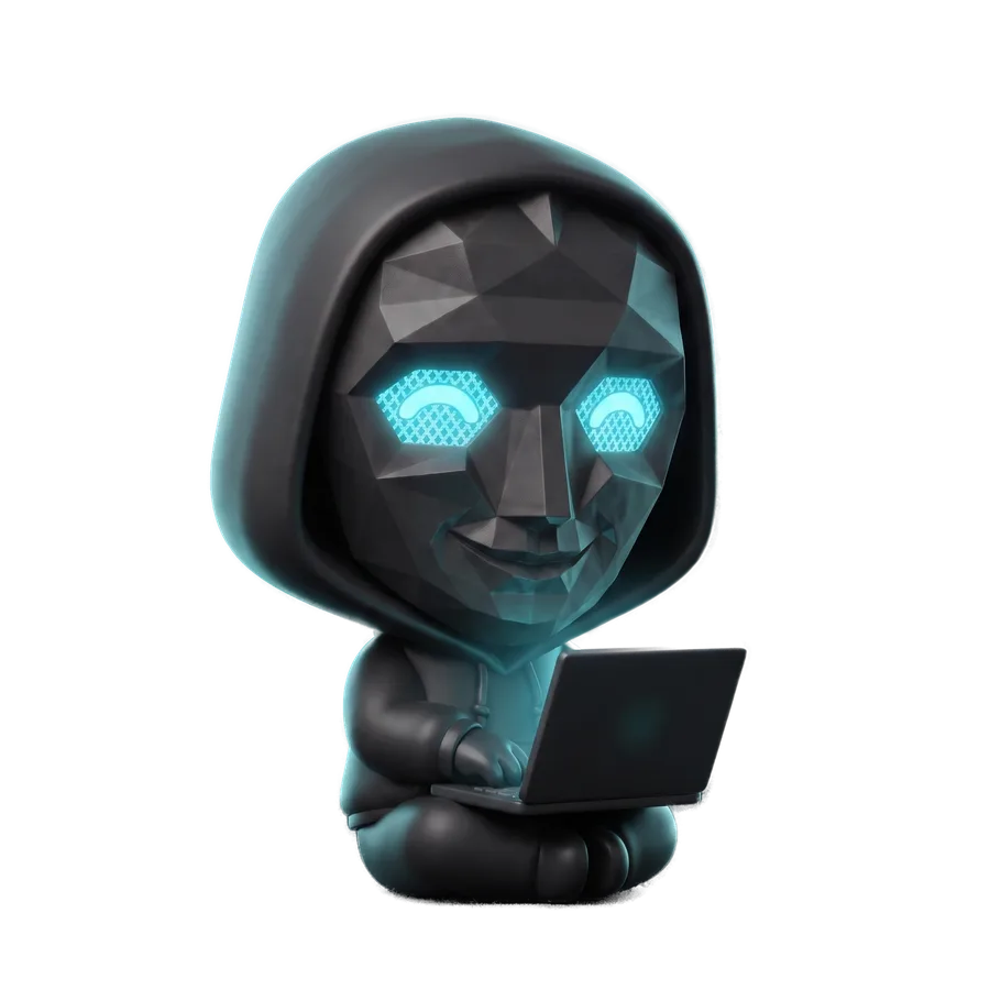 Masked mascot working on a laptop